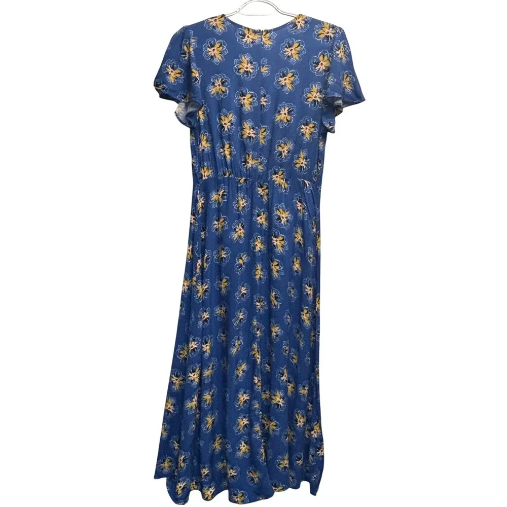Floral Flutter Sleeve Dress Cottagecore Prairie Blue Rayon Spring Summer Flowy M